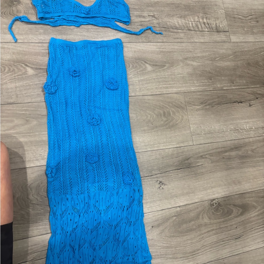 Elegant Blue Crochet Swim Coverup Set